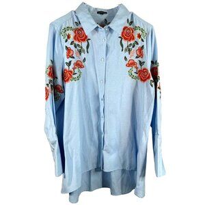 Hannah Western Boho Red Floral Embroidery Chambray Womens M Top Western Cowgirl